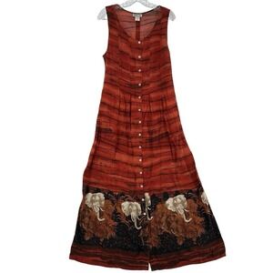 Robbie Bee Vintage Elephant Safari Print Maxi Dress Rust Orange Mob Wife Sz 12